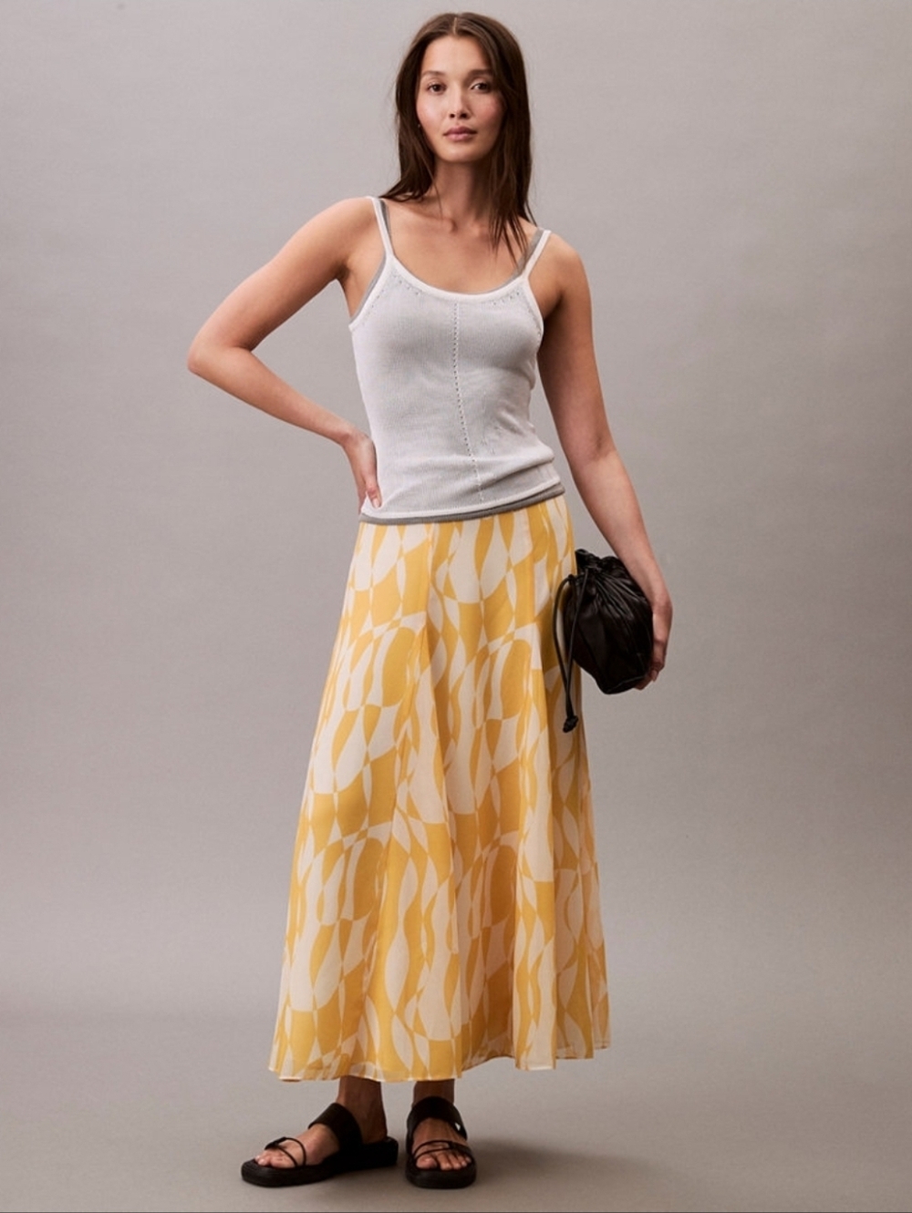 Calvin Klein Yellow Leaf-Print Midi Skirt - Women's Flowing Summer Skirt